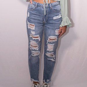 High Waisted Destroyed Girlfriend Jeans